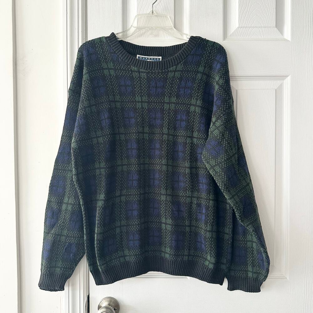 Harbour Classics Blue Green Plaid Grid Vintage Grandpa Baggy Sweater Medium